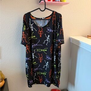 Plus Size 2X Black Multicolor Skeleton Halloween Goth Sleep Shirt